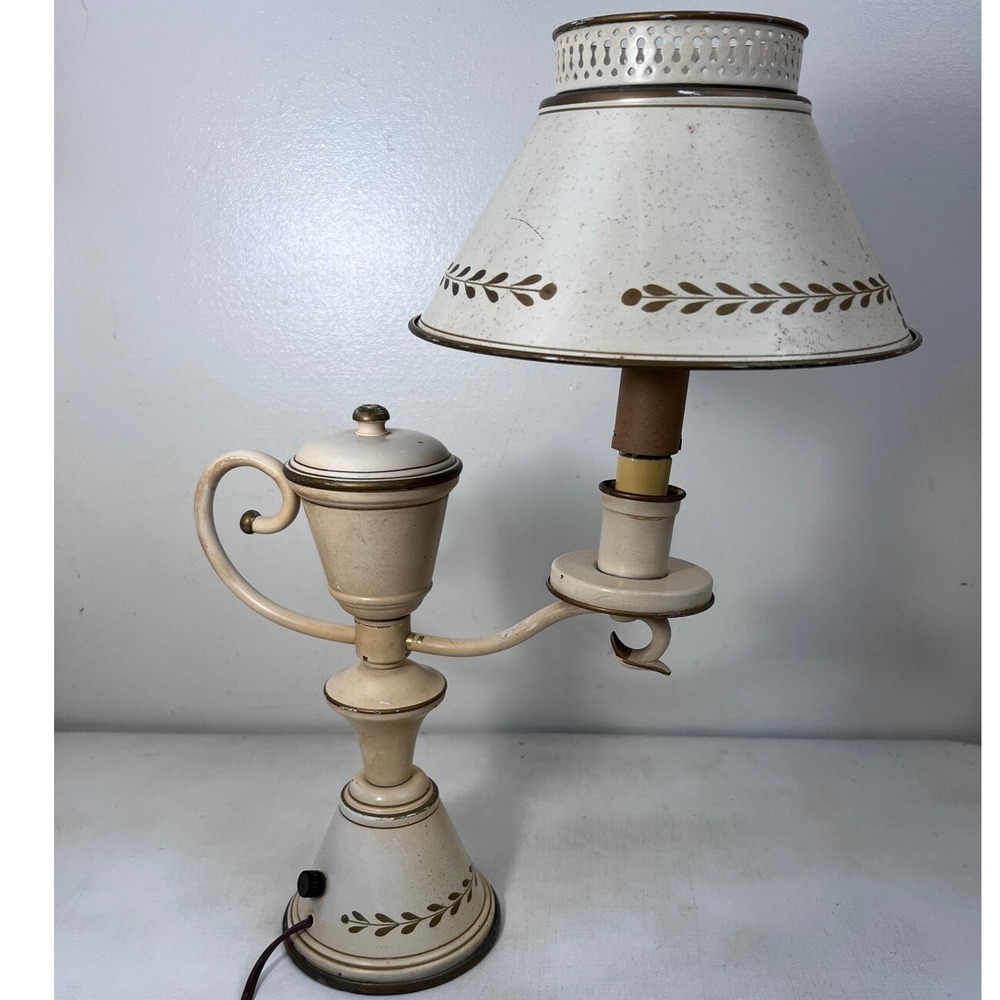 Vintage Toleware‎ Painted Student Candle Desk Table Lamp & Shade Teapot Bedside